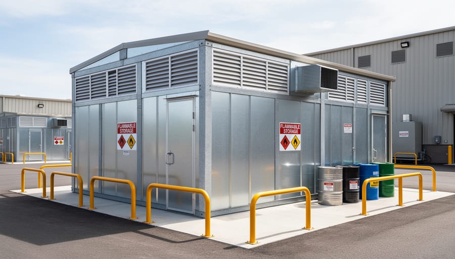 Red metal storage shed with ventilation louvers designed for flammable material storage