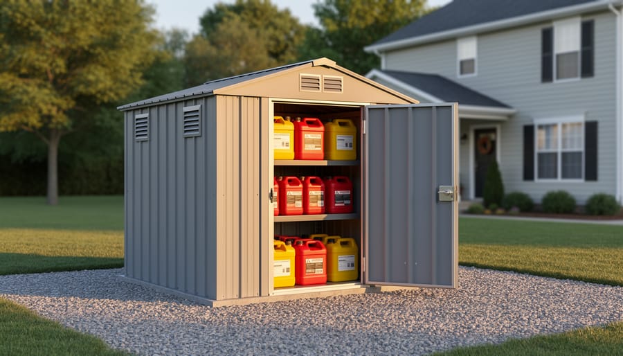 Fire-resistant metal flammable storage shed with roof and lower wall vents on a gravel pad, set about ten feet from a suburban house; door slightly ajar shows organized red safety fuel cans on metal shelves, with the home and trees softly blurred in warm evening light.