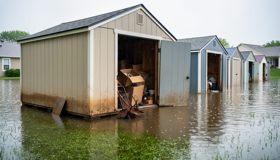 Storage shed partially flooded with water reaching halfway up the walls