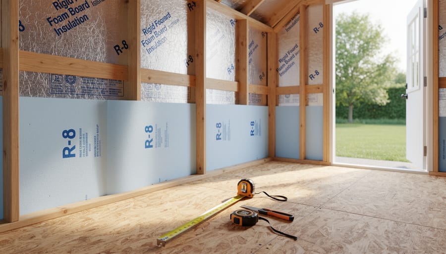 Rigid foam insulation boards and installation tools in shed workspace