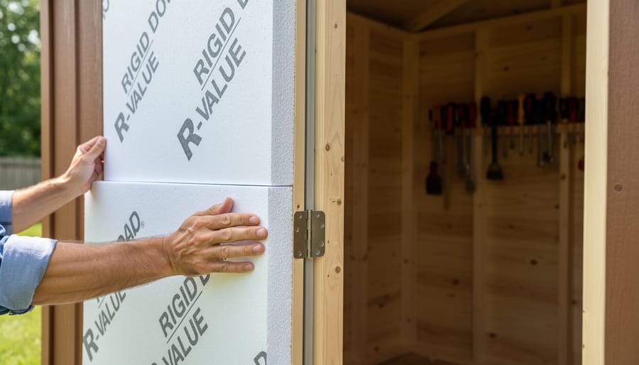 Close-up of foam board insulation panel being held against wooden shed door
