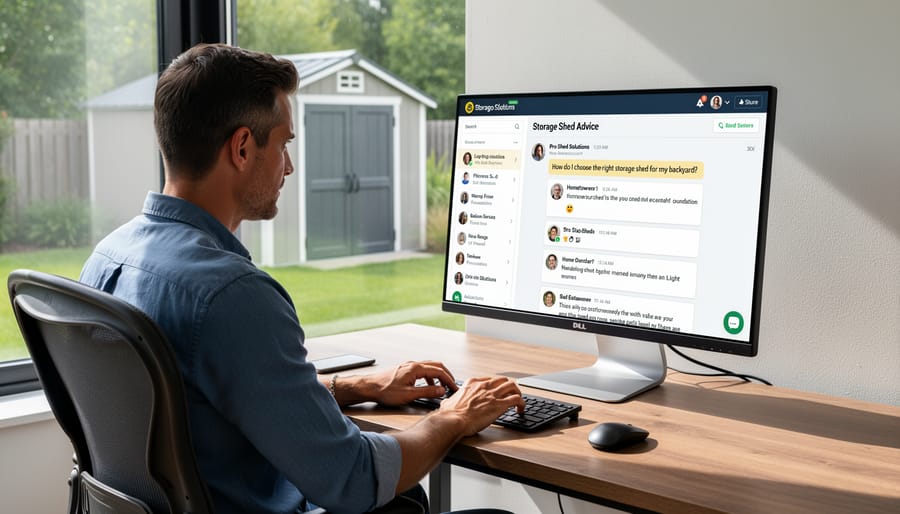 Person working on laptop participating in online storage shed forum from home office