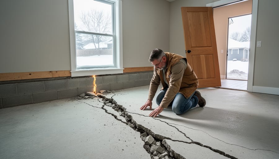 Damaged shed showing foundation shift and door misalignment from frost heave