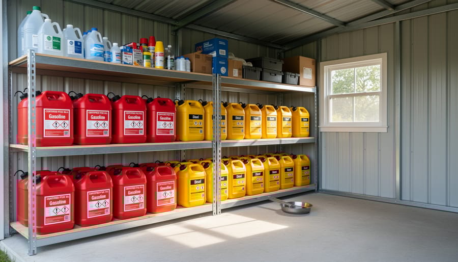 Red safety fuel cans properly organized on metal shelving in flammable storage shed