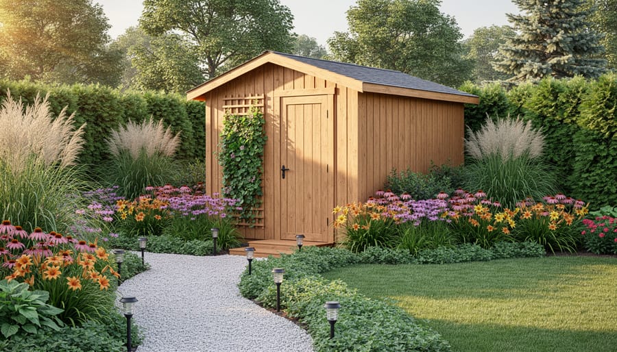 Wooden garden shed framed by tall grasses and evergreen shrubs at the corners, coneflowers and daylilies along the sides, low groundcovers, a gravel path lined with solar lights, and a small vine-covered trellis, photographed at golden hour with lawn and mature trees in the background.
