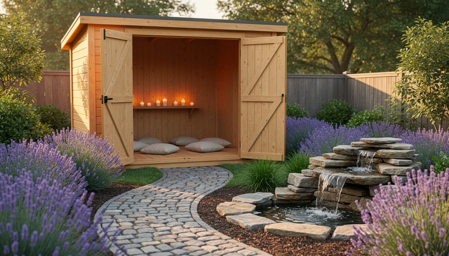 Small wooden garden shed converted into a meditation space, doors open to show floor cushions and a simple candle shelf, surrounded by lavender plantings, a river-rock path, and a bubbling water feature in warm early-morning light, with trees and a fence softly blurred behind.