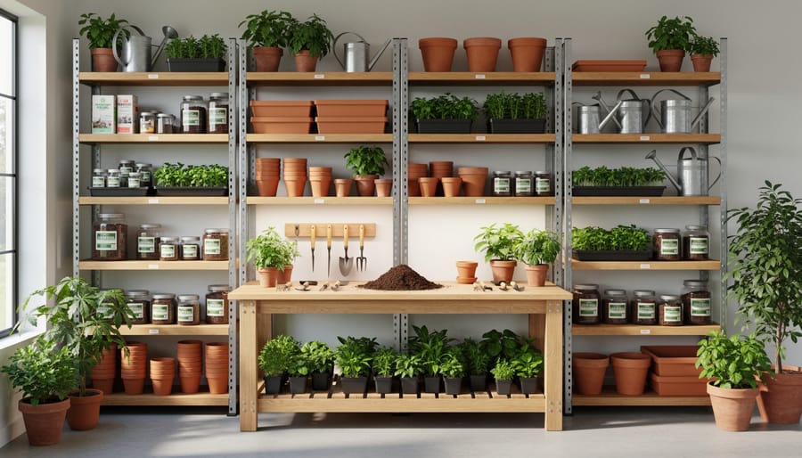 Garden storage configuration showing adjustable shelving with plant pots, soil bags, and workbench area
