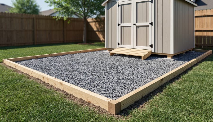 Level gravel pad foundation prepared for 6x8 shed installation