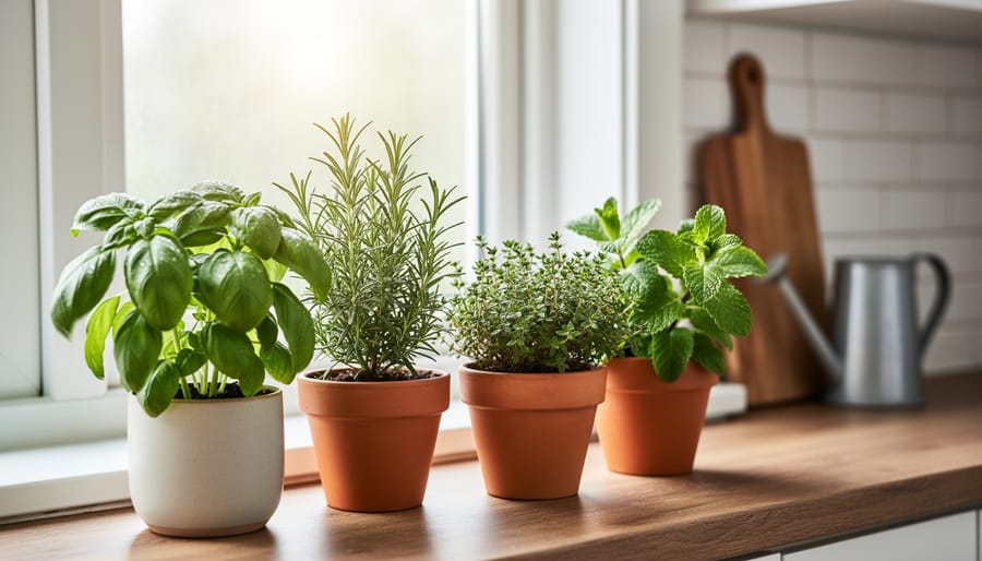 Potted basil, rosemary, thyme, and mint on a sunlit kitchen windowsill with soft natural light, sharp foreground, and blurred kitchen counter and watering can in the background.