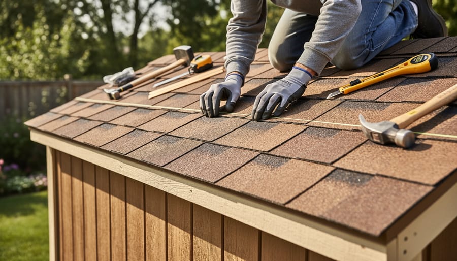 Gloved hands installing asphalt shingle on shed roof showing proper placement technique