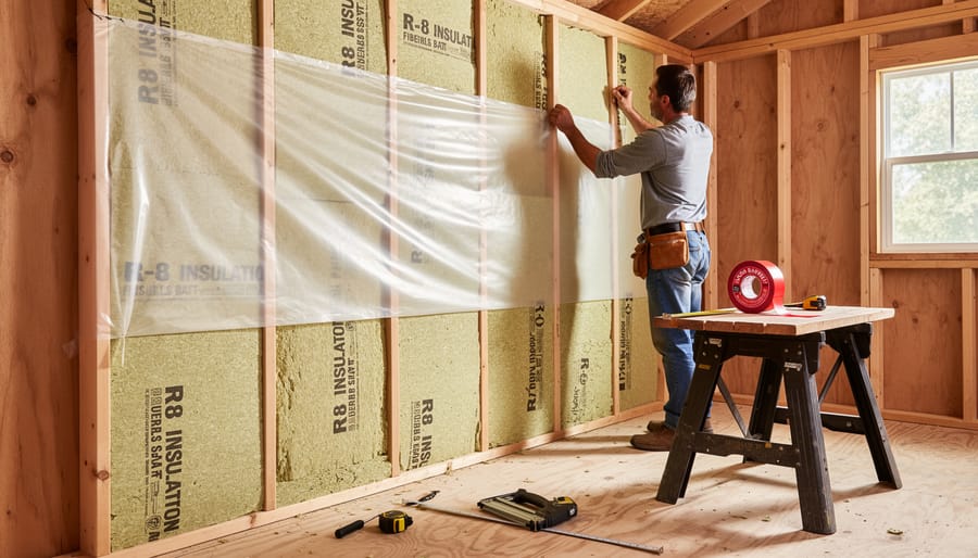 Homeowner installing vapor barrier over insulation in wooden shed