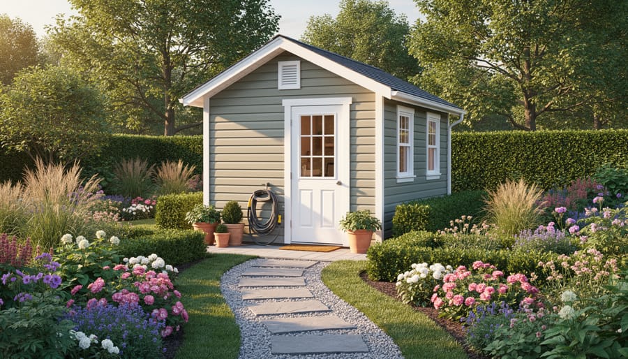 Garden shed with climbing roses, foundation plantings, and gravel border creating integrated landscape design