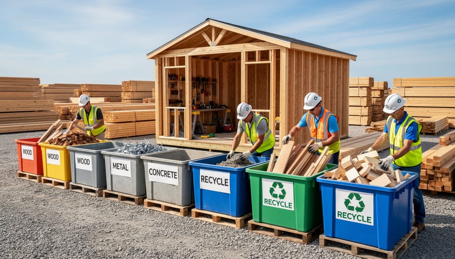 Overhead view of construction site with materials sorted into separate piles for recycling and reuse