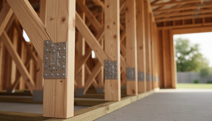 Low-angle interior photo of wooden K trusses inside a shed under construction, showing metal truss plates at joints and diagonal temporary bracing, with soft daylight and a partially sheathed roof in the background.