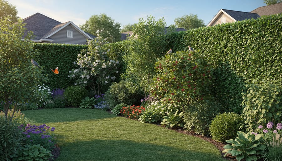 Dense green hedge serving as natural living fence along property boundary