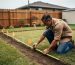 Homeowner kneeling in a backyard using a tape measure from a wooden fence to staked markers for a future storage shed, with house and fence softly blurred in overcast light.