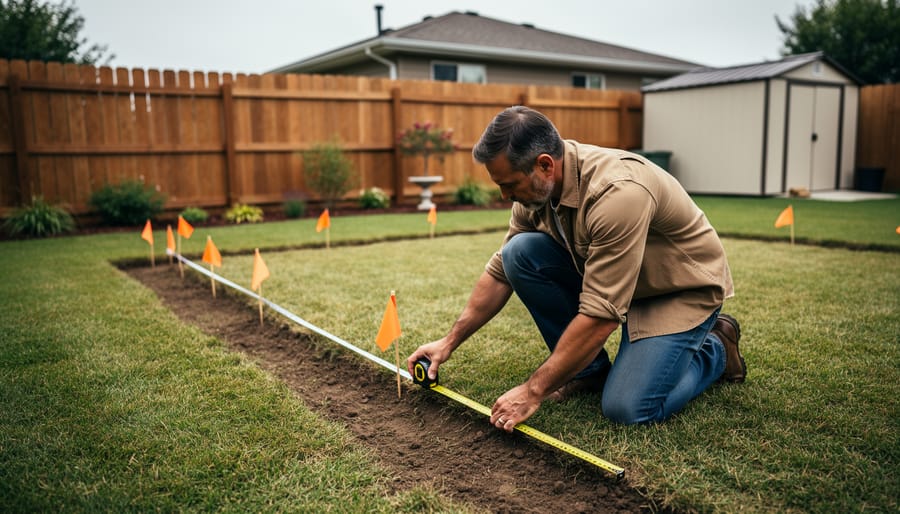 Homeowner kneeling in a backyard using a tape measure from a wooden fence to staked markers for a future storage shed, with house and fence softly blurred in overcast light.