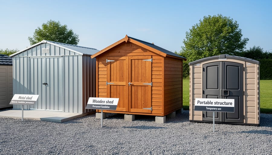 Metal storage shed with visible foundation blocks on gravel base in residential yard
