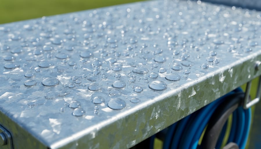 Water droplets beading on galvanized metal outdoor storage surface