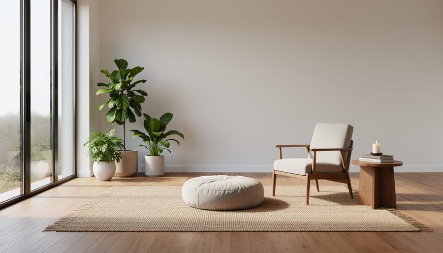 Minimalist meditation space interior with cushion, natural lighting, and simple decor