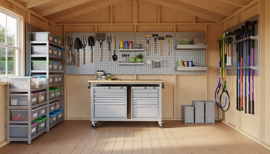 Interior of modular storage shed showing wall-mounted panels with hooks, adjustable shelving, and organized storage zones