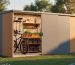 Three-quarter view of a modern modular storage shed with a partially removed side panel revealing adjustable shelving, a bike mount, and a potting bench, photographed at golden hour with a softly blurred garden background