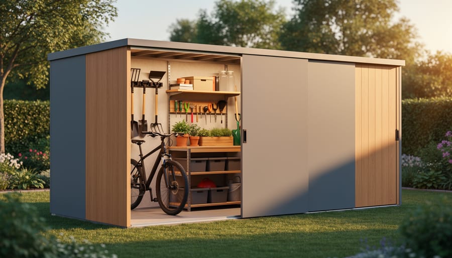 Three-quarter view of a modern modular storage shed with a partially removed side panel revealing adjustable shelving, a bike mount, and a potting bench, photographed at golden hour with a softly blurred garden background