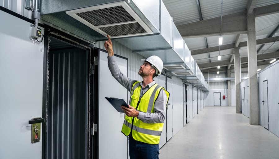 Homeowner conducting monthly safety inspection of flammable storage shed ventilation