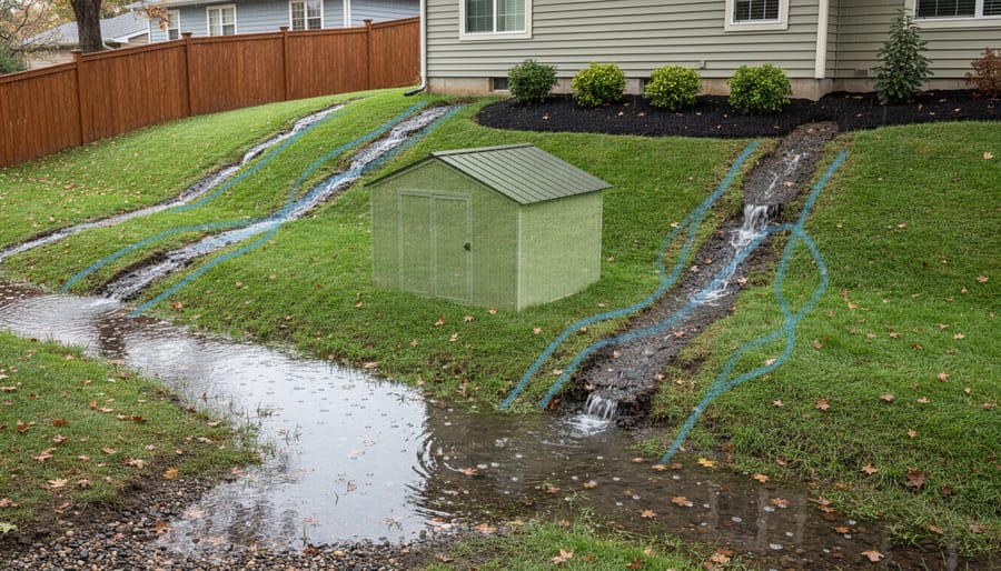 Rainwater naturally flowing across soil and grass showing natural drainage patterns