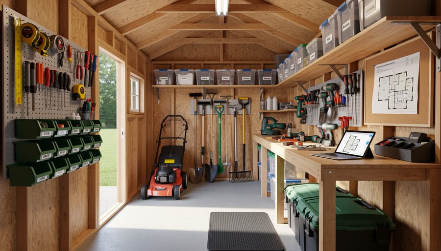 Organized interior of 6x10 storage shed showing efficient use of space with shelving and tools