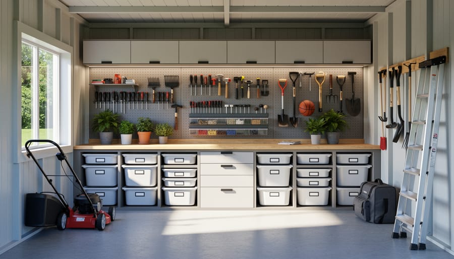 Organized shed interior wall with pegboard tool storage and finished plywood panels