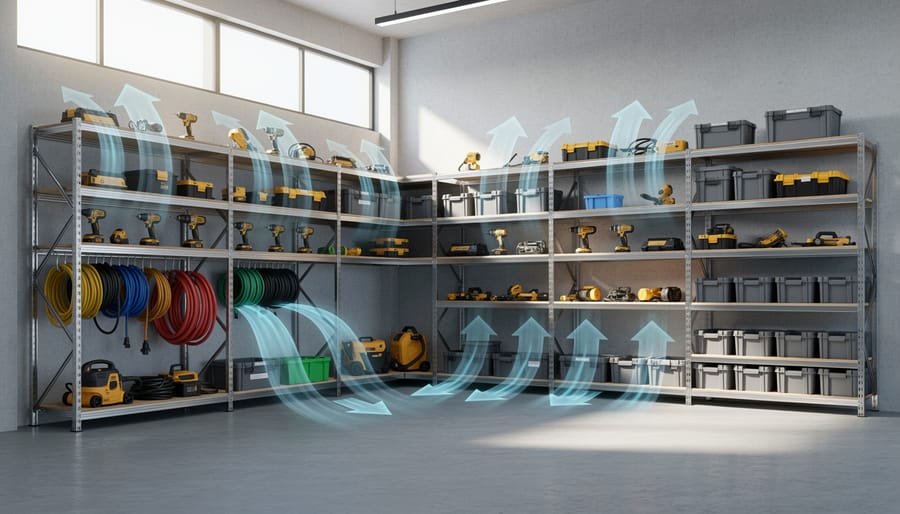 Well-organized shed interior with tools on pegboard and elevated shelving for moisture protection