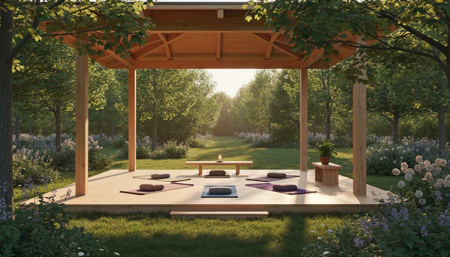 Person meditating in outdoor gazebo structure surrounded by garden greenery