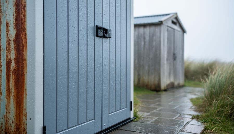 Close-up of a resin outdoor storage shed with water droplets beading on textured panels during light rain, with a rusty metal shed and a weathered wooden shed blurred in the background of a wet backyard.