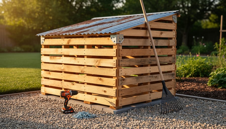 Backyard scene showing a small wooden pallet storage shed with a corrugated metal roof on a gravel foundation, with a drill, screws, and a lawn rake beside it in warm late-day light.