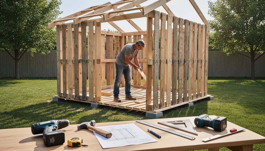 Person assembling pallet shed wall frame in residential backyard