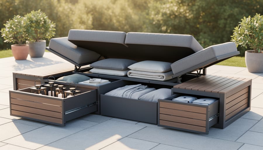 Open storage compartment in patio furniture showing stored cushions and accessories