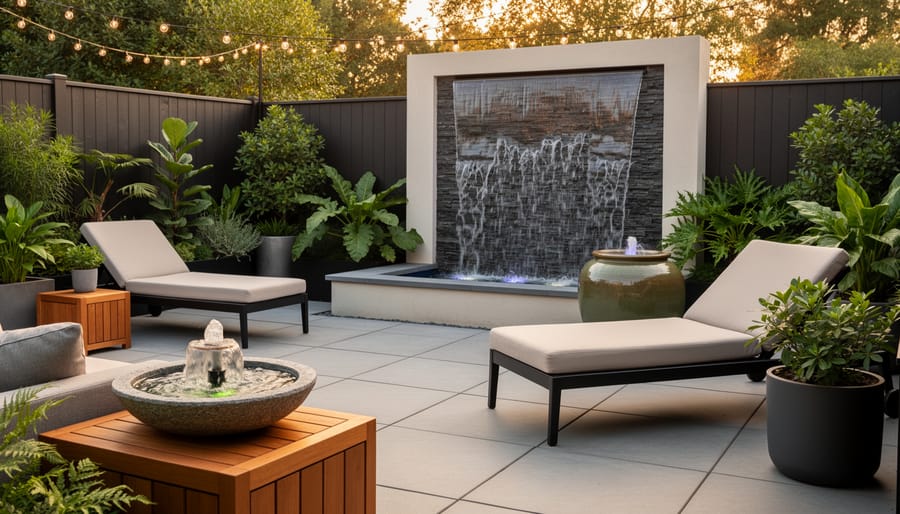 Multiple types and sizes of patio water features displayed together