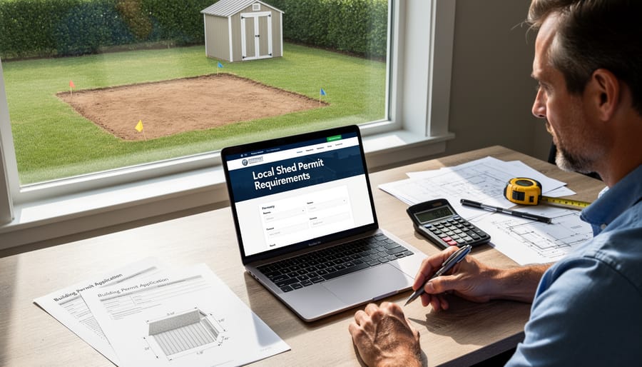 Homeowner reviewing building permit documents and shed specifications at home office desk