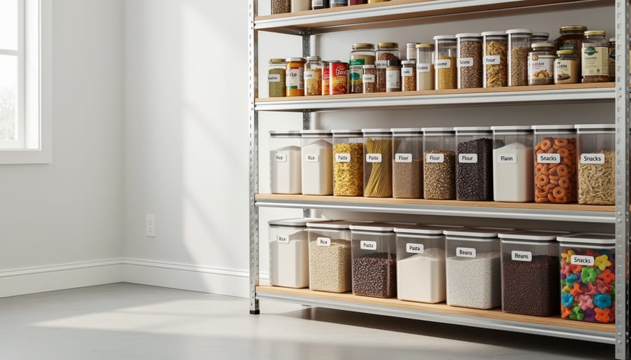 Well-organized shed interior with items in sealed containers on elevated shelving