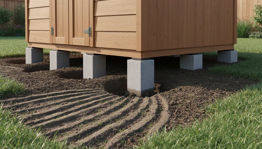 Concrete pier foundation blocks elevated above ground with undisturbed soil and vegetation between them