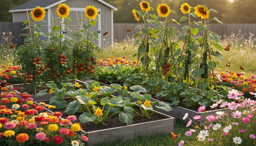 Clusters of zinnias, cosmos, and sunflowers attracting bees and butterflies along the edge of a vegetable garden with tomato, squash, and cucumber beds, with a shed and native wildflowers softly blurred in the background at golden hour.