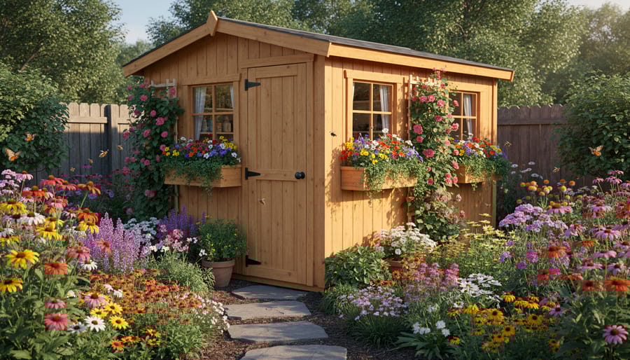 Garden shed with flower boxes and climbing flowering plants creating pollinator habitat