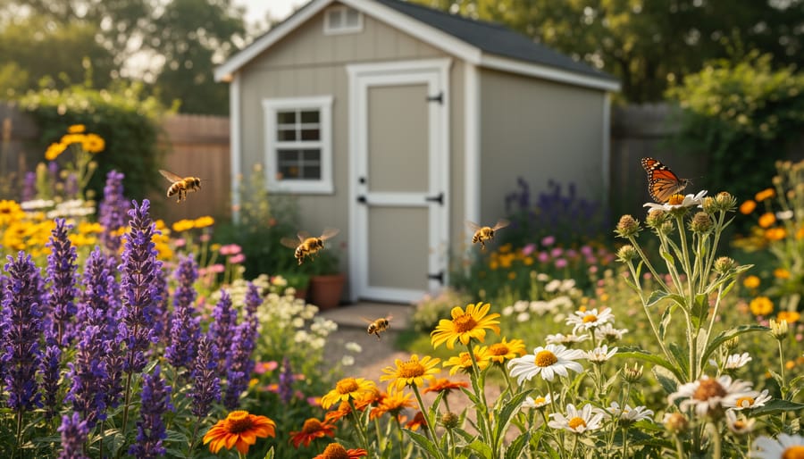 Monarch butterfly and bee feeding on purple coneflowers near garden shed