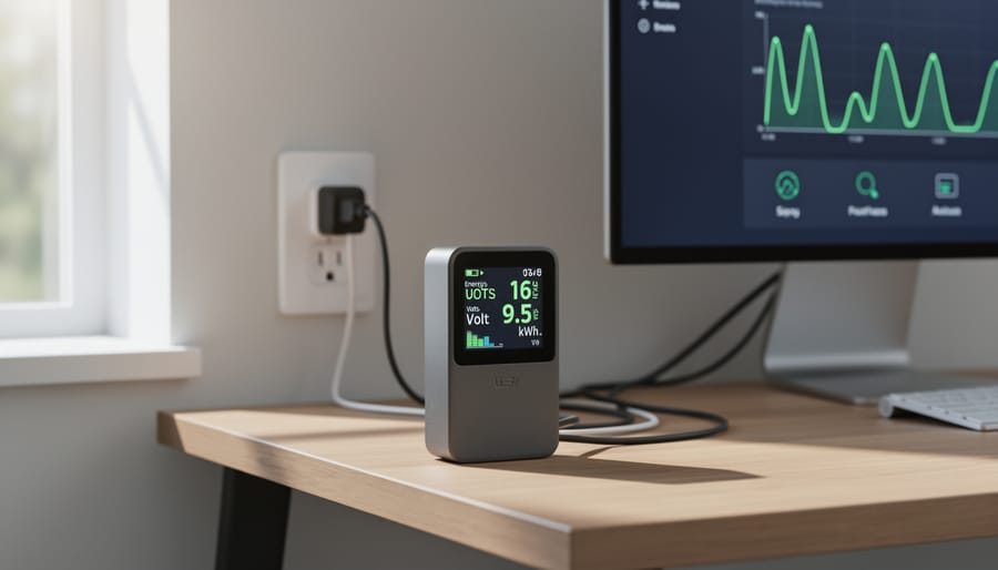 Digital power monitoring device plugged into electrical outlet showing energy consumption display