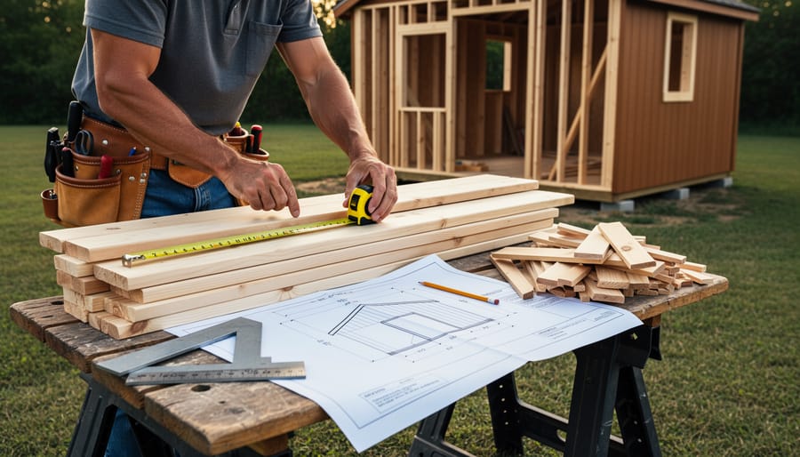 Builder's hands measuring and marking lumber with measuring tape on workbench