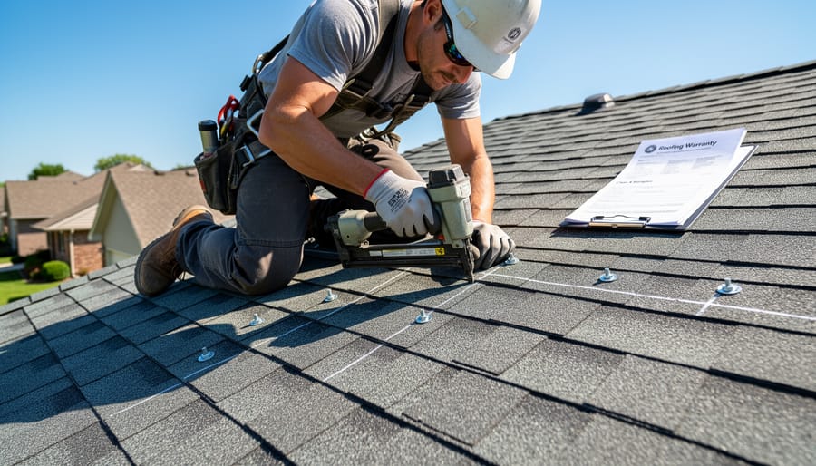 Roofing professional installing impact-resistant shingles on shed roof