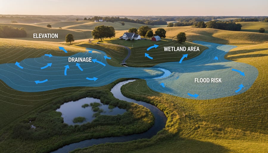 Aerial view of residential property showing elevation changes and potential wetland area