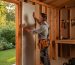 Person wearing work gloves installs foil-faced rigid foam insulation between wall studs inside a wooden garden shed, with golden hour light and a leafy garden visible through the open door.