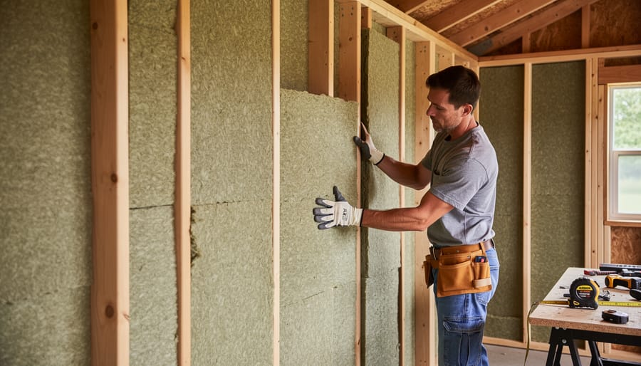Fiberglass batt insulation installed between wooden studs in shed wall